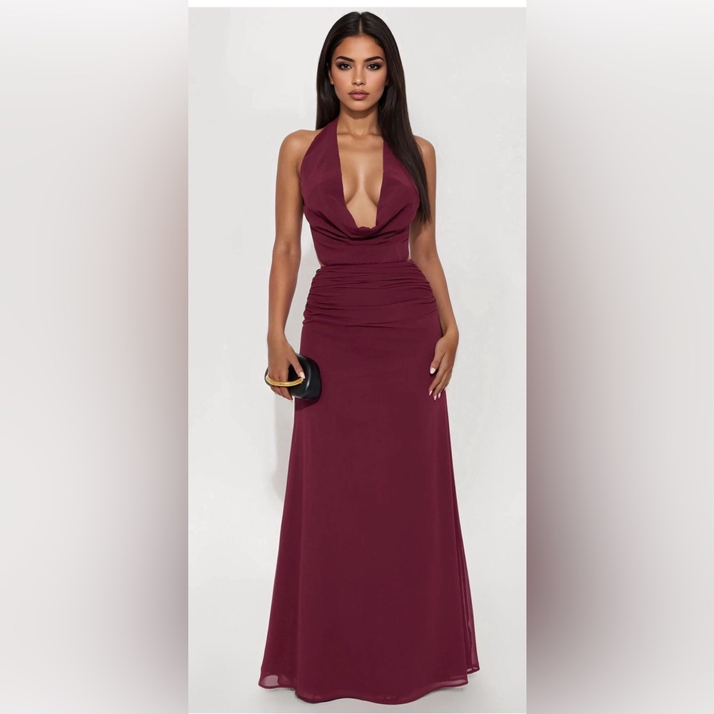Chiffon Halter Backless Maxi Dress in Burgundy/ plum - Picture 2 of 4